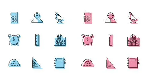Set line Protractor grid for measuring degrees, Triangular ruler, Calculator Ilustración de archivo