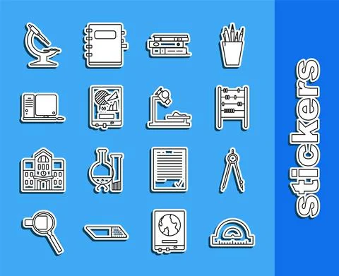 Set line Protractor grid for measuring degrees, Drawing compass, Abacus, Office Stock Illustration