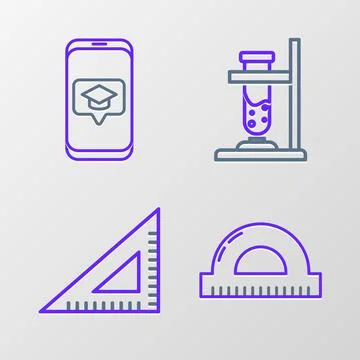 Set line Protractor grid for measuring degrees, Triangular ruler, Glass test Stock Illustration