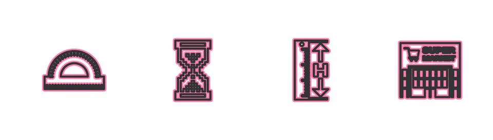 Set line Protractor grid, Measuring height and length, Hourglass pixel and Su Stock Illustration