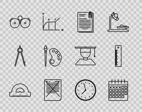 Set line Protractor grid for measuring degrees, Calendar, File document and Stock Illustration