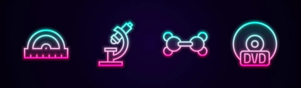 Set line Protractor grid, Microscope, Molecule and CD DVD disk. Glowing neon Illustrazione stock