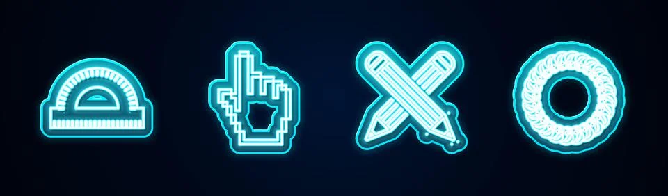 Set line Protractor grid, Pixel hand cursor, Crossed pencil and Laurel wreath Stock Illustration