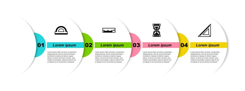 Set line Protractor grid, Ruler, Hourglass pixel and Triangular ruler. Busine Illustrazione stock