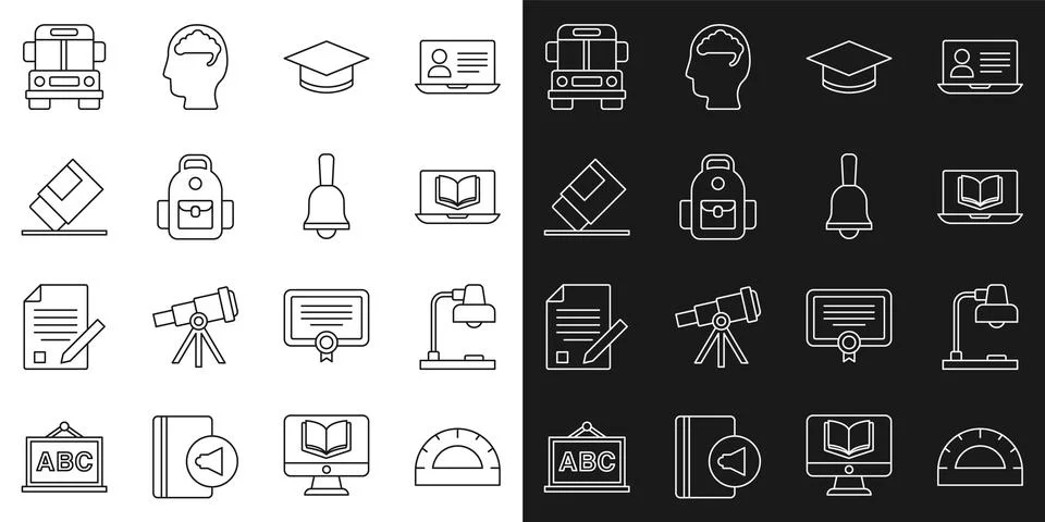 Set line Protractor grid, Table lamp, Online class, Graduation cap, School Stock Illustration