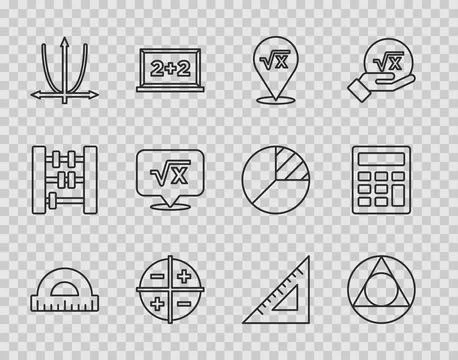 Set line Protractor, Triangle math, Square root of x glyph, XYZ Coordinate .. Stock Illustration