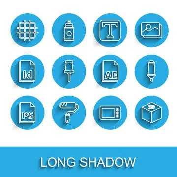 Set line PS File document, Paint roller brush, Grid graph paper, Graphic tablet Stock Illustration