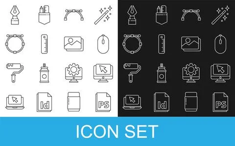 Set line PS File document, Computer monitor and cursor, mouse, Bezier curve Illustrazione stock