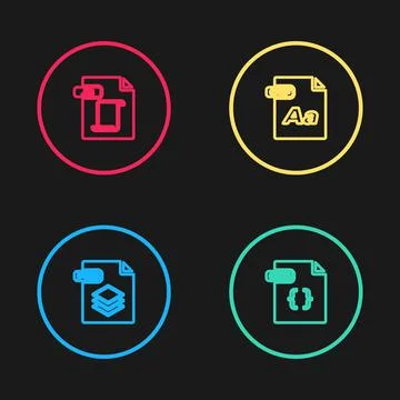 Set line PSD file document, CSS, OTF and JS icon. Vector Stock Illustration