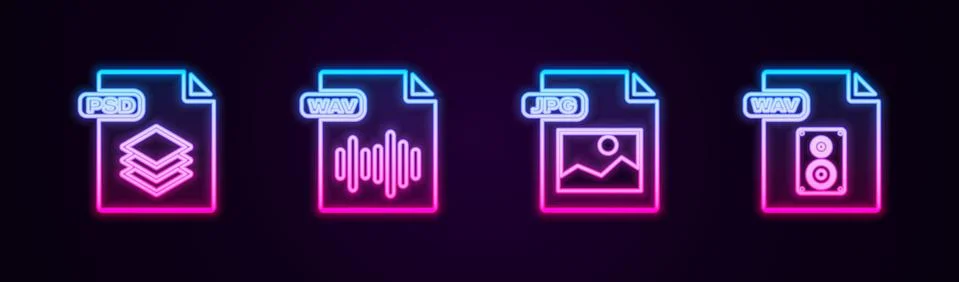 Set line PSD file document, WAV, JPG and . Glowing neon icon. Vector Illustrazione stock