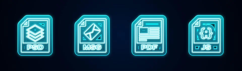 Set line PSD file document, MSG, PDF and JS. Glowing neon icon. Vector イラスト素材