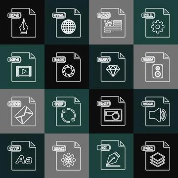 Set line PSD file document, WMA, WAV, DOC, RAW, MP4, EPS and RUBY icon. Vector Illustrazione stock
