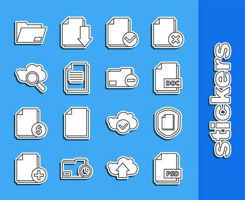 Set line PSD file document, Document protection concept, DOC, and check mark Stockillustratie