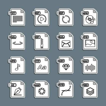Set line PSD file document, WAV, JPG, GIF, ZIP, XML, TXT and EML icon. Vector Illustrazione stock