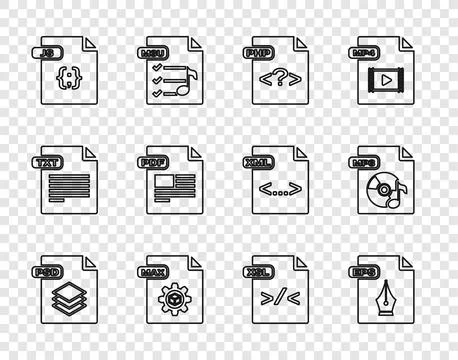 Set line PSD file document, EPS, PHP, MAX, JS, PDF, XSL and MP3 icon. Vector Stock Illustration