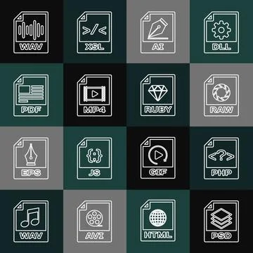 Set line PSD file document, PHP, RAW, AI, MP4, PDF, WAV and RUBY icon. Vector Stock Illustration