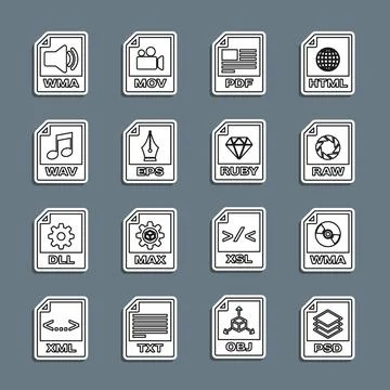 Set line PSD file document, WMA, RAW, PDF, EPS, WAV,  and RUBY icon. Vector イラスト素材