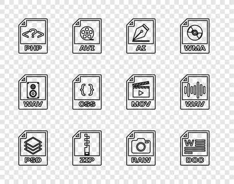 Set line PSD file document, DOC, AI, ZIP, PHP, CSS, RAW and WAV icon. Vector イラスト素材