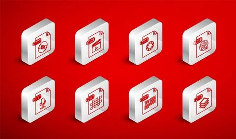 Set line PSD file document, MOV, RAW, AVI, DOC, WMA, PNG and OGG icon. Vector Stock Illustration