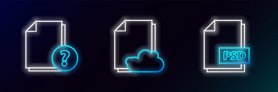 Set line PSD file document, Unknown and Cloud storage text icon. Glowing ne.. Stock Illustration