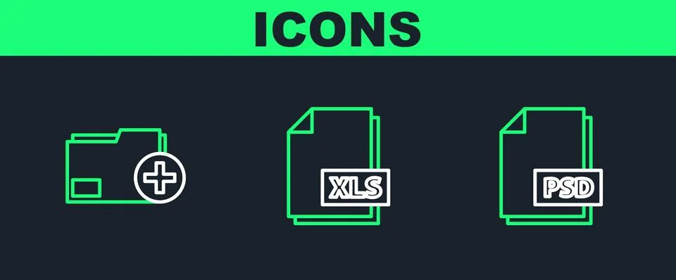 Set line PSD file document, Add new folder and XLS icon. Vector 스톡 일러스트