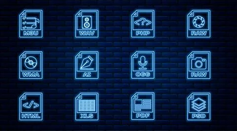 Set line PSD file document, RAW, PHP, AI, WMA, M3U, OGG and WAV icon. Vector Illustrazione stock