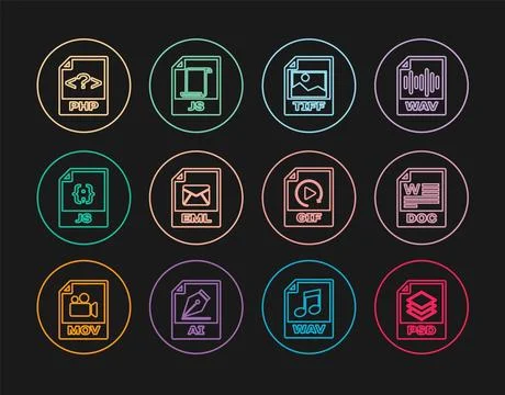 Set line PSD file document, DOC, TIFF, EML, JS, PHP, GIF and  icon. Vector イラスト素材