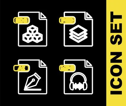 Set line PSD file document, MP3, AI and 3DS icon. Vector 库存插图
