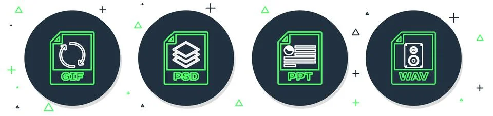 Set line PSD file document, PPT, GIF and WAV icon. Vector 스톡 일러스트