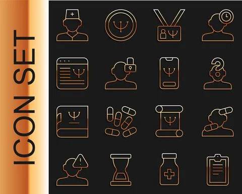 Set line Psychological test, Sedative pills, Human with question mark Illustrazione stock