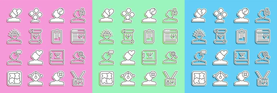 Set line Psychology, Finding a problem in psychology, Online psychological Stock Illustration