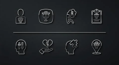 Set line Psychology, Psi, Solution to the problem, Broken heart or divorce,   Illustrazione stock
