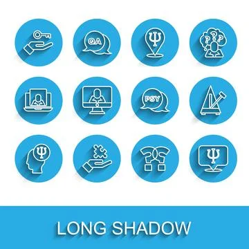 Set line Psychology, Psi, Solution to the problem, Question mark, Psycholog.. Stock Illustration