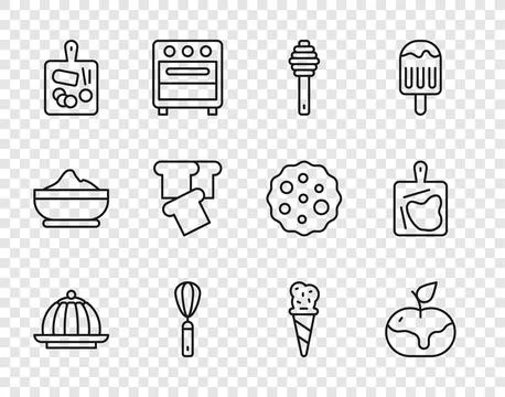 Set line Pudding custard, Apple caramel, Honey dipper stick, Kitchen whisk Stock Illustration