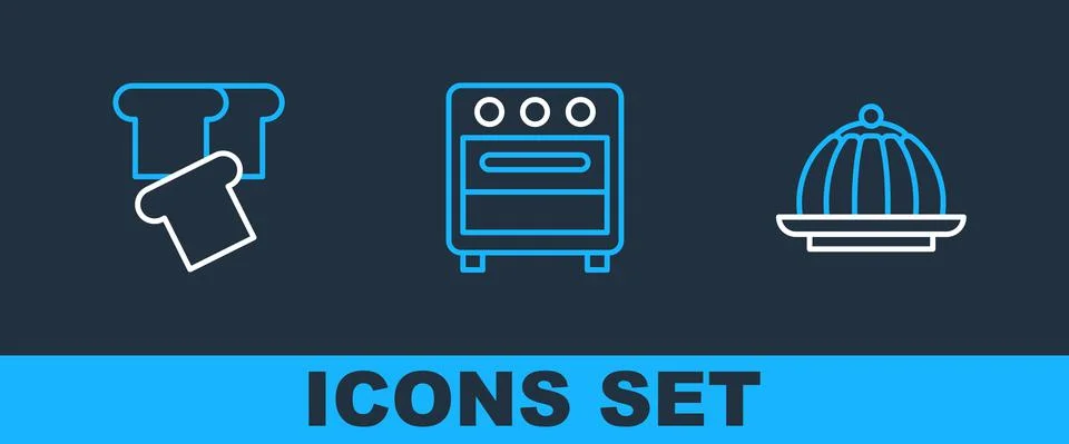 Set line Pudding custard, Bread toast and Oven icon. Vector 스톡 일러스트