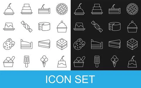 Set line Pudding custard, Brownie chocolate cake, Cake, Cherry cheesecake, Candy Stock Illustration