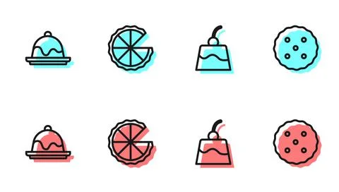 Set line Pudding custard, Cake, Homemade pie and Cookie or biscuit icon. Vector Illustration