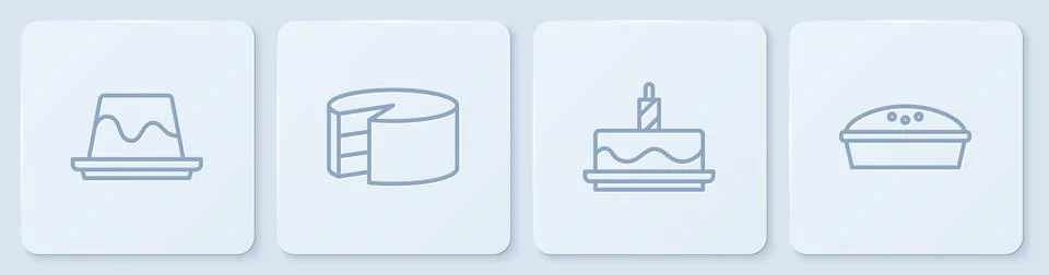 Set line Pudding custard, Cake with burning candles, and Homemade pie. White Illustration