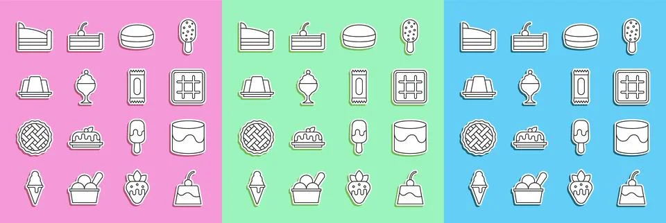 Set line Pudding custard, Cake, Waffle, Macaron cookie, Ice cream bowl, Jel.. Stock Illustration