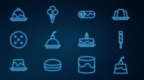 Set line Pudding custard, Candy, Chocolate roll cake, Cherry cheesecake, Cookie Stock Illustration