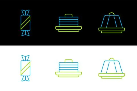 Set line Pudding custard, Candy and Stack of pancakes icon. Vector Stock Illustration