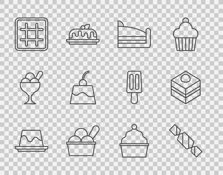 Set line Pudding custard, Candy, Piece of cake, Ice cream bowl, Waffle, Cak.. Stock Illustration