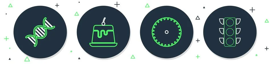 Set line Pudding custard, Circular saw blade, DNA symbol and Traffic light .. Stock Illustration