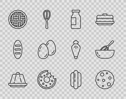 Set line Pudding custard, Cookie or biscuit, Bottle with milk, Donut, Homemade Illustrazione stock