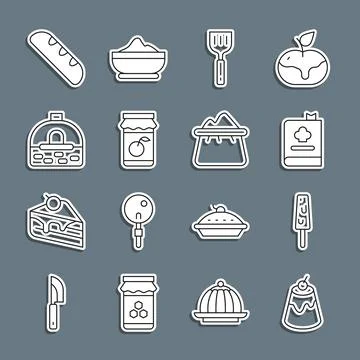 Set line Pudding custard, Ice cream, Cookbook, Spatula, Jam jar, Brick stove Illustrazione stock