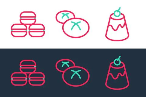 Set line Pudding custard, Macaron cookie and Bread loaf icon. Vector Illustrazione stock