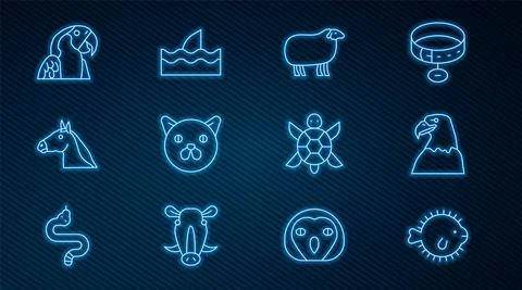 Set line Puffer fish, Eagle head, Sheep, Cat, Horse, Macaw parrot, Turtle and Stock Illustration