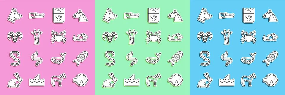 Set line Puffer fish, Fish skeleton, Rat, Bag of food, Giraffe head, Head goat Stock Illustration