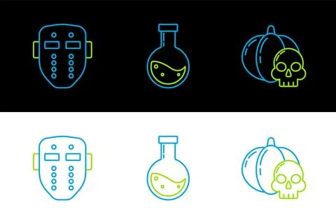 Set line Pumpkin and skull, Hockey mask and Bottle with potion icon. Vector Illustrazione stock