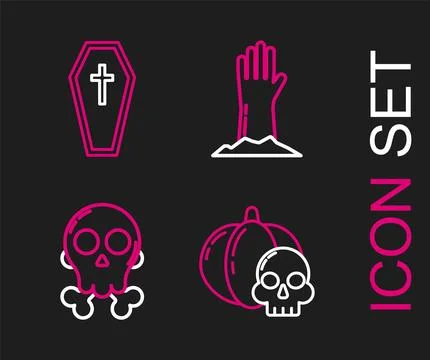 Set line Pumpkin and skull, Skull on crossbones, Zombie hand and Coffin wit.. Stock Illustration